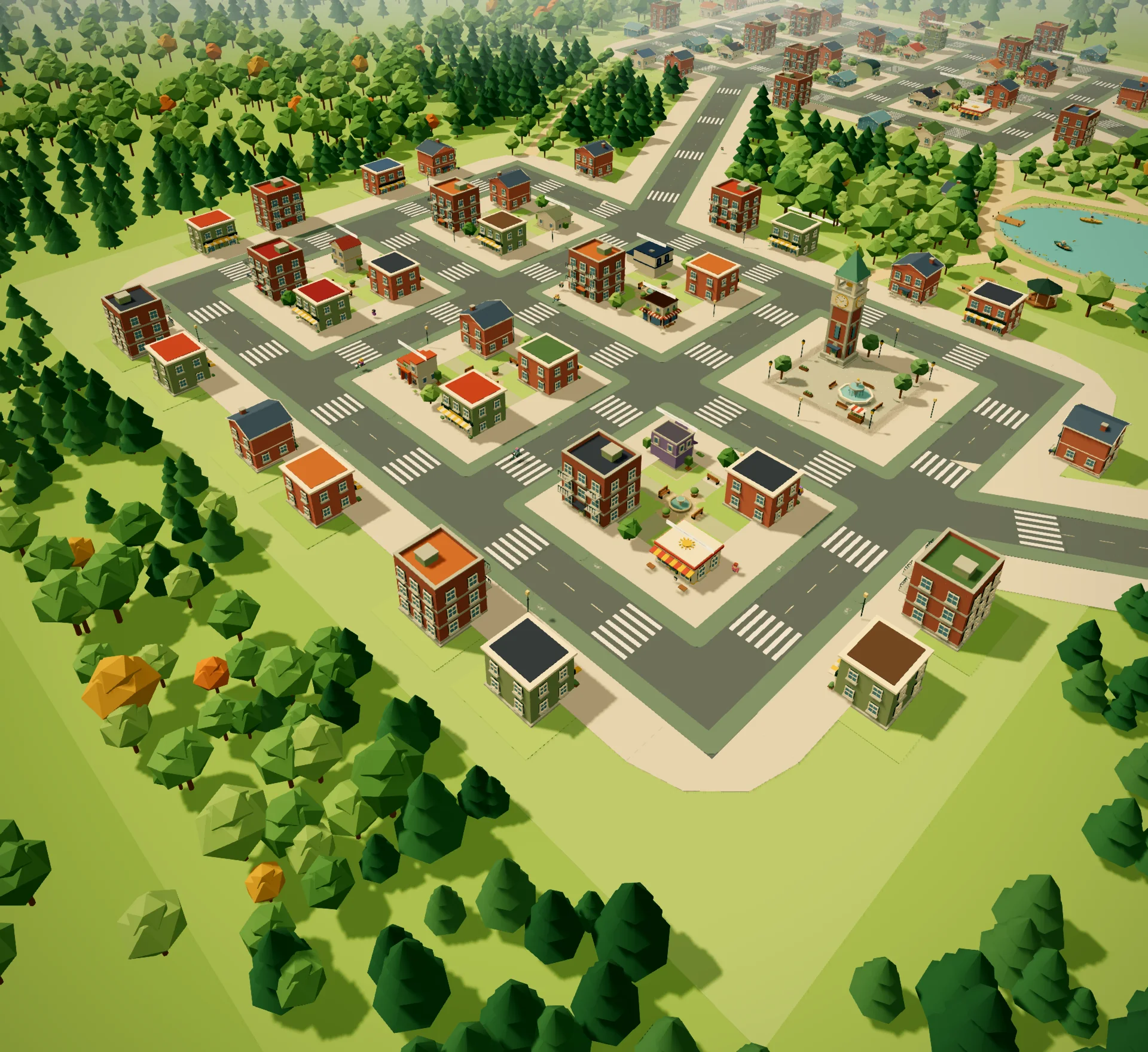 Brightside from above: brick shops and apartments, crosswalks, a clock tower plaza, and a park with a pond
